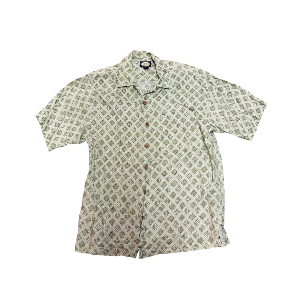 Tommy Bahama Mens Small 100% Linen Short Sleeve Button Down Shirt Sage Green Geo